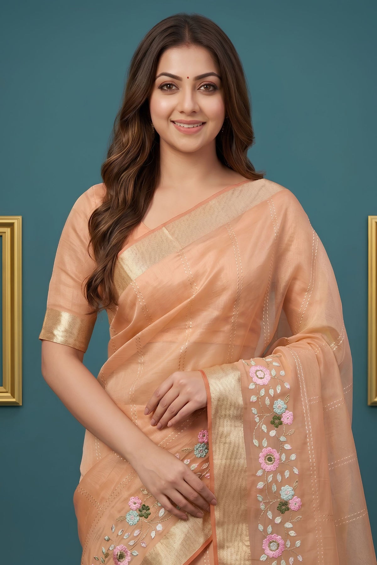 Beautiful Peach Pink Organza Tissue Silk Embroidery Work Designer Saree for Women