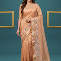 Beautiful Peach Pink Organza Tissue Silk Embroidery Work Designer Saree for Women