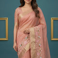 Lovely Dusty Pink Organza Tissue Silk Embroidery Work Designer Saree for Women