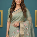 Graceful Sea Green Organza Tissue Silk Floral Embroidery Work Designer Saree for Women