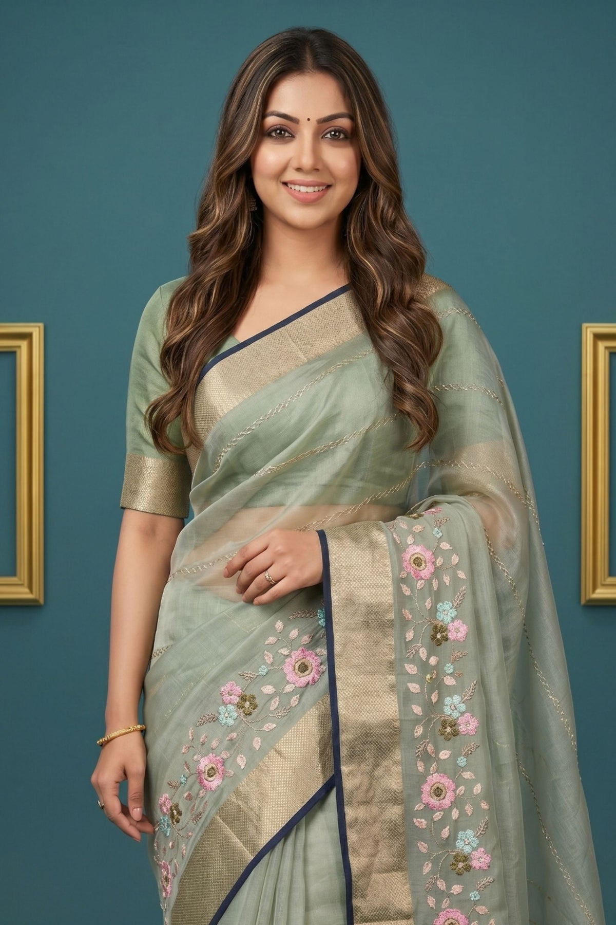 Graceful Sea Green Organza Tissue Silk Floral Embroidery Work Designer Saree for Women