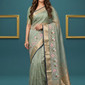 Graceful Sea Green Organza Tissue Silk Floral Embroidery Work Designer Saree for Women