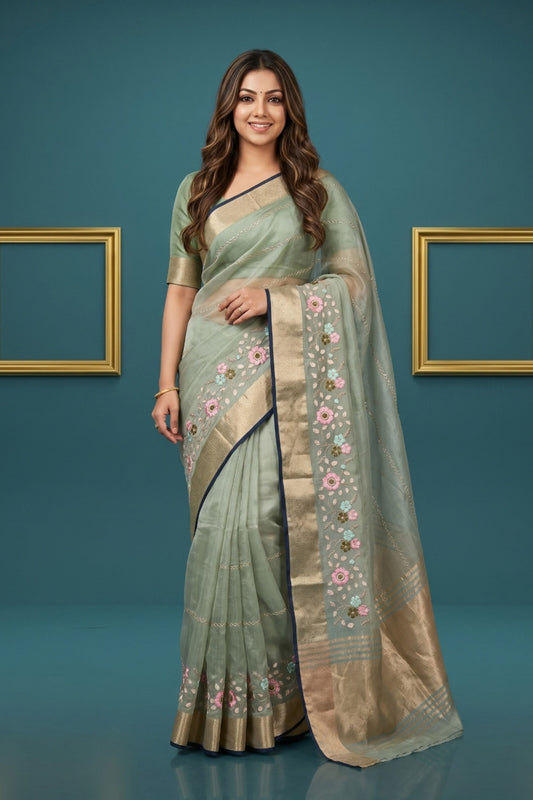 Graceful Sea Green Organza Tissue Silk Floral Embroidery Work Designer Saree for Women