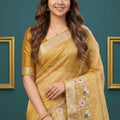 Traditional Mustard Yellow Organza Tissue Silk Embroidery Work Designer Saree for Women