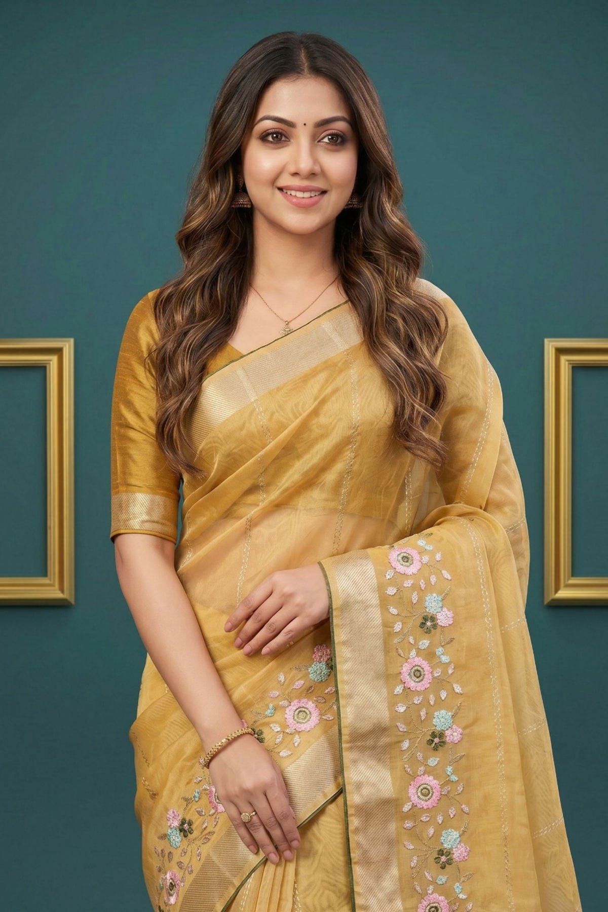 Traditional Mustard Yellow Organza Tissue Silk Embroidery Work Designer Saree for Women