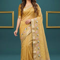Traditional Mustard Yellow Organza Tissue Silk Embroidery Work Designer Saree for Women