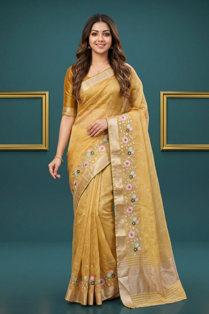 Traditional Mustard Yellow Organza Tissue Silk Embroidery Work Designer Saree for Women