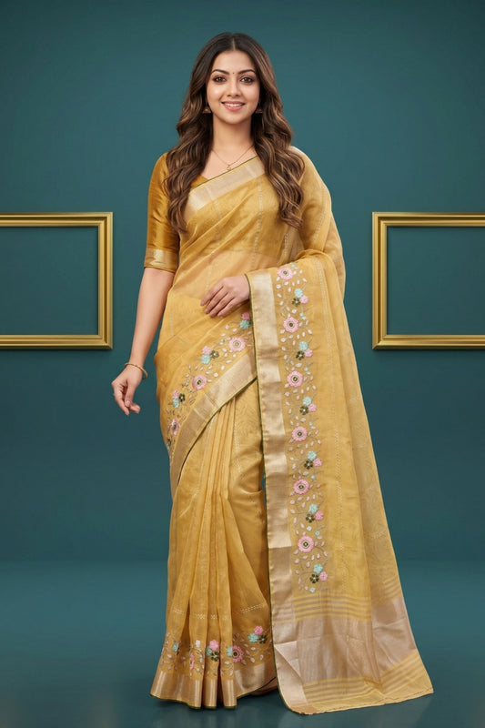 Traditional Mustard Yellow Organza Tissue Silk Embroidery Work Designer Saree for Women