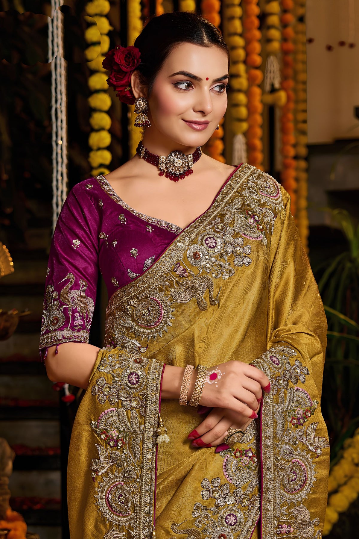 Premium Mustard Yellow Pure Tissue Saree Heavy Beads and Sequin Handwork for Women
