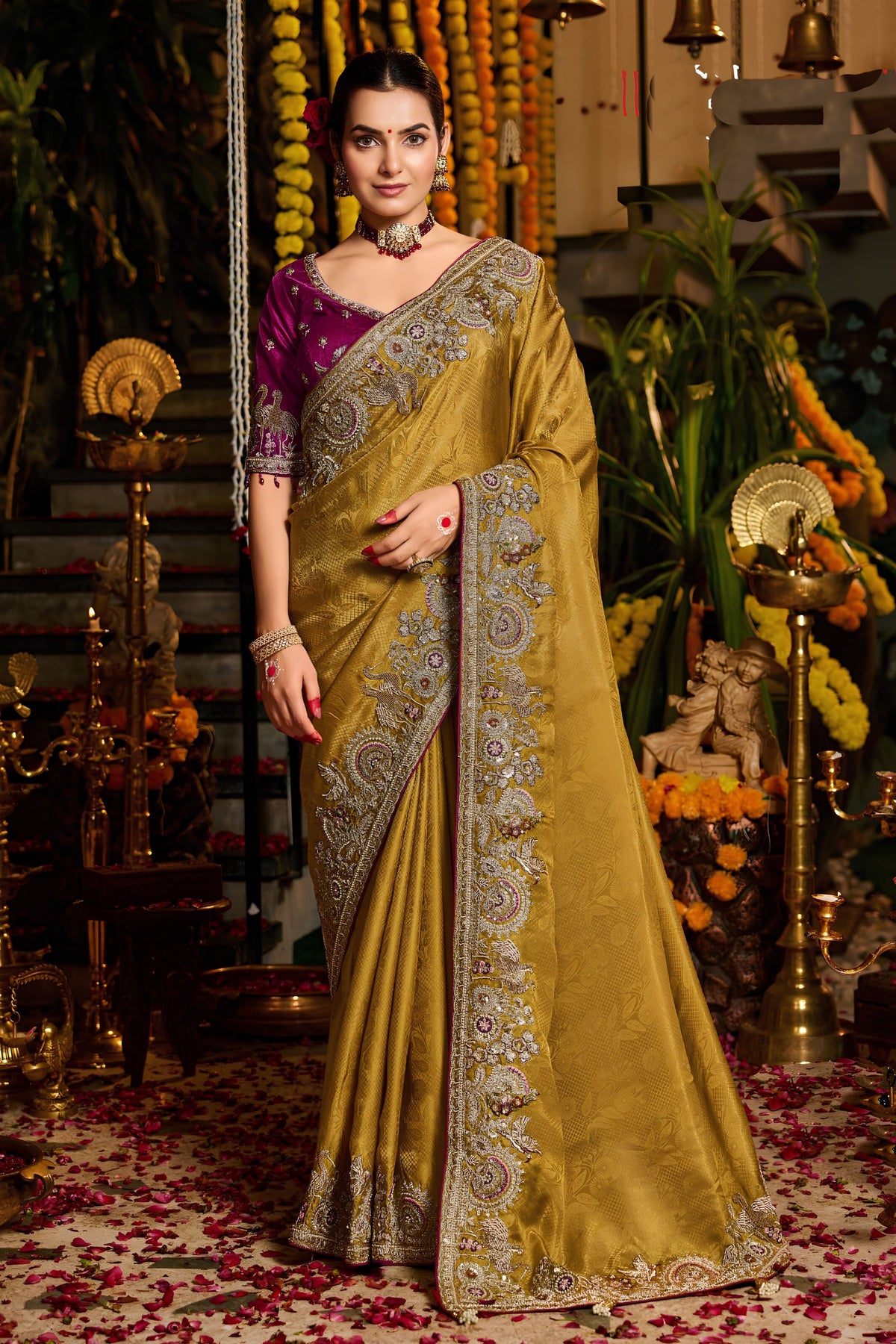 Premium Mustard Yellow Pure Tissue Saree Heavy Beads and Sequin Handwork for Women