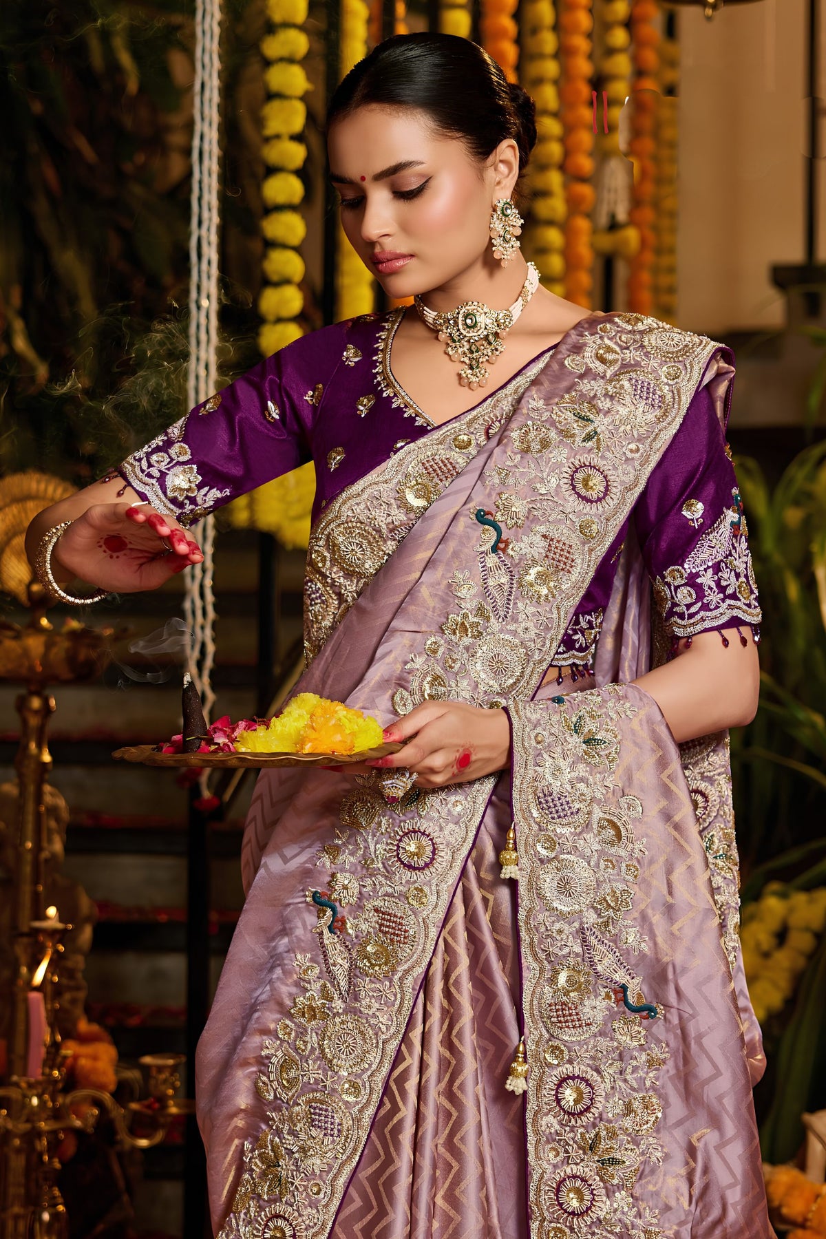Premium Purple Pure Tissue Saree Heavy Beads and Sequin Handwork for Women