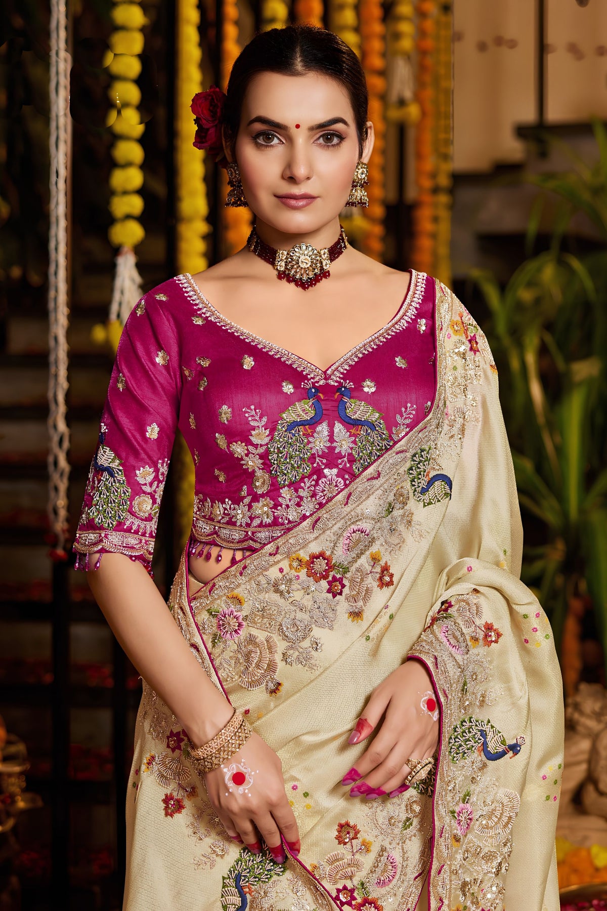 Elegant Cream Pure Tissue Saree Heavy Beads and Sequin Handwork for Women