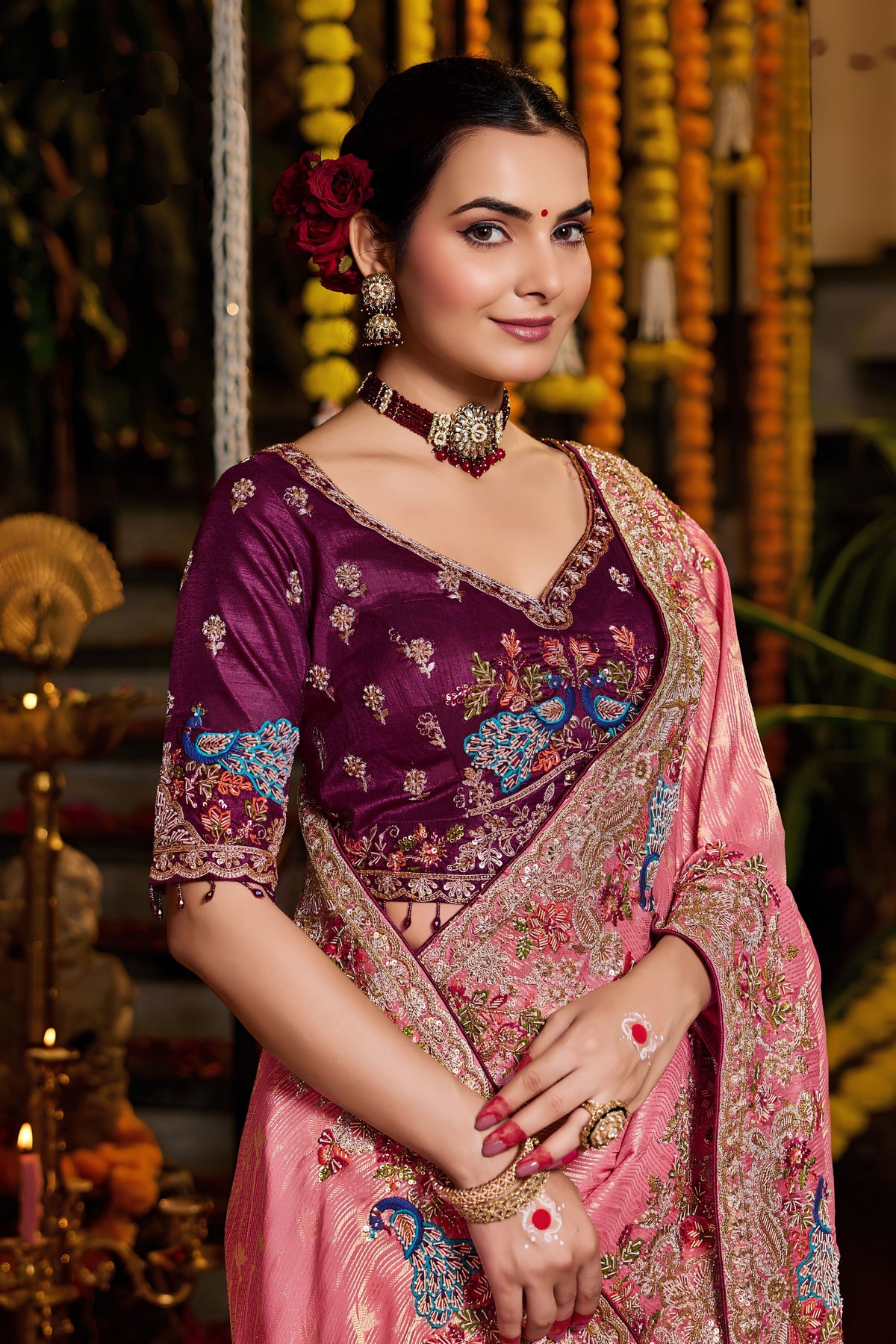 Beautiful Rani Pink Pure Tissue Saree Heavy Beads and Sequin Handwork for Women