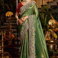 Graceful Olive GreenPure Tissue Saree Heavy Beads and Sequin Handwork for Women