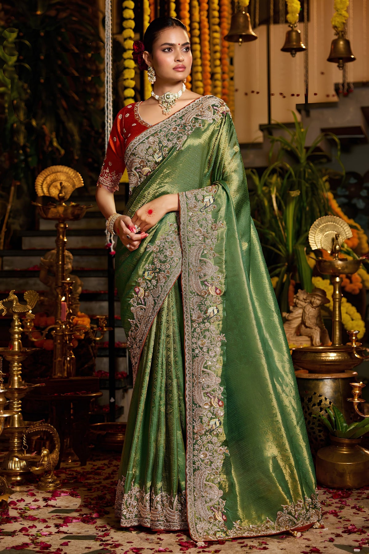 Graceful Olive GreenPure Tissue Saree Heavy Beads and Sequin Handwork for Women