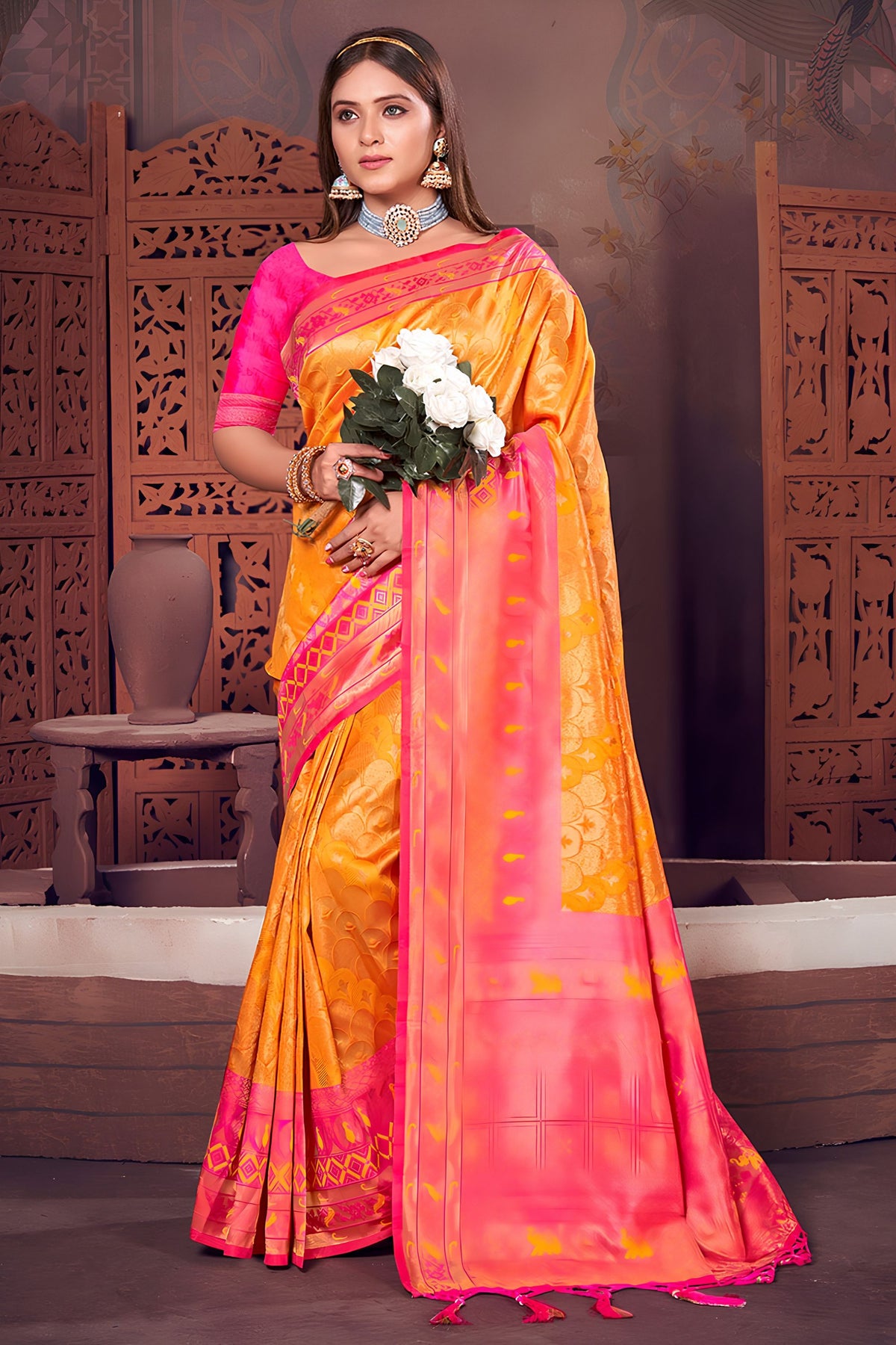 Radiant Mustard Yellow Patola Silk Saree with Jacquard Work for Women