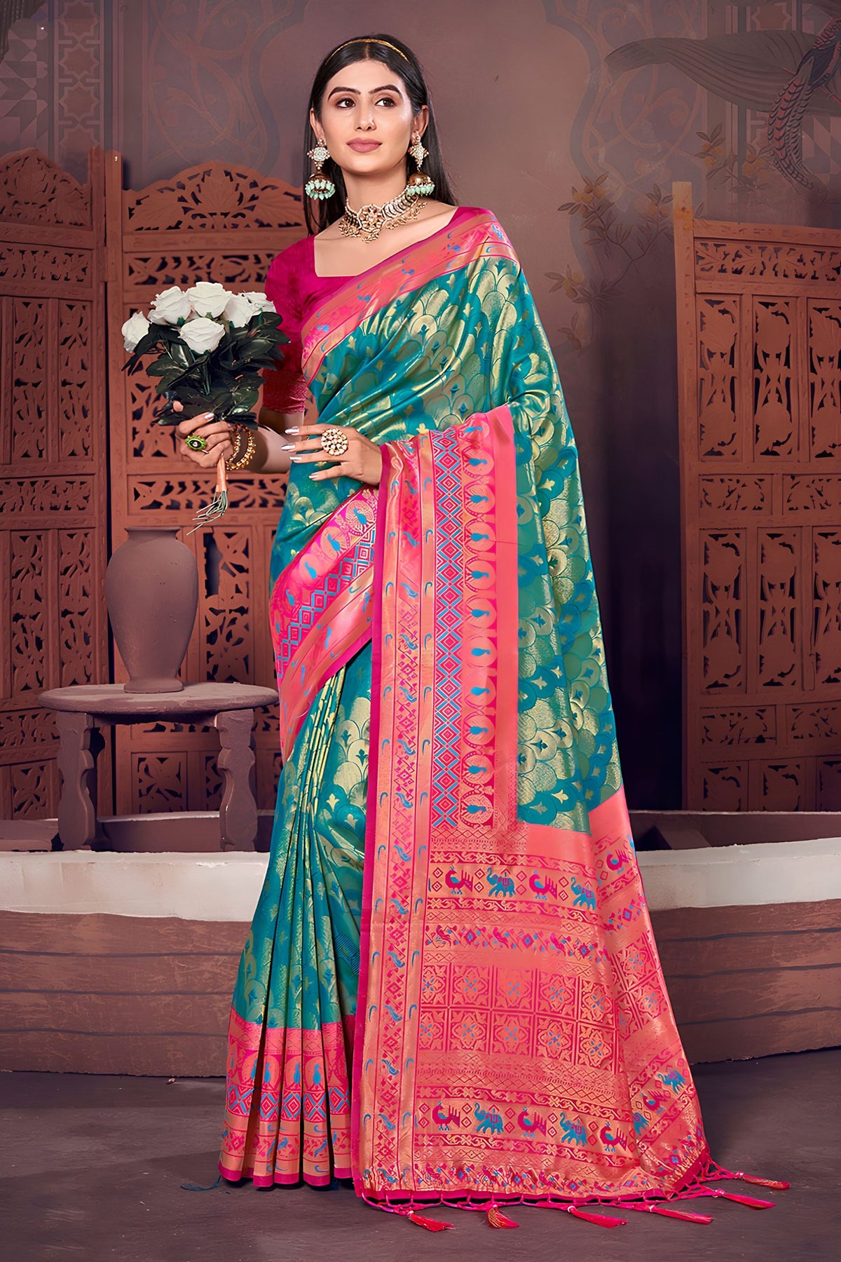 Stunning Teal Green Patola Silk Saree with Jacquard Work for Women