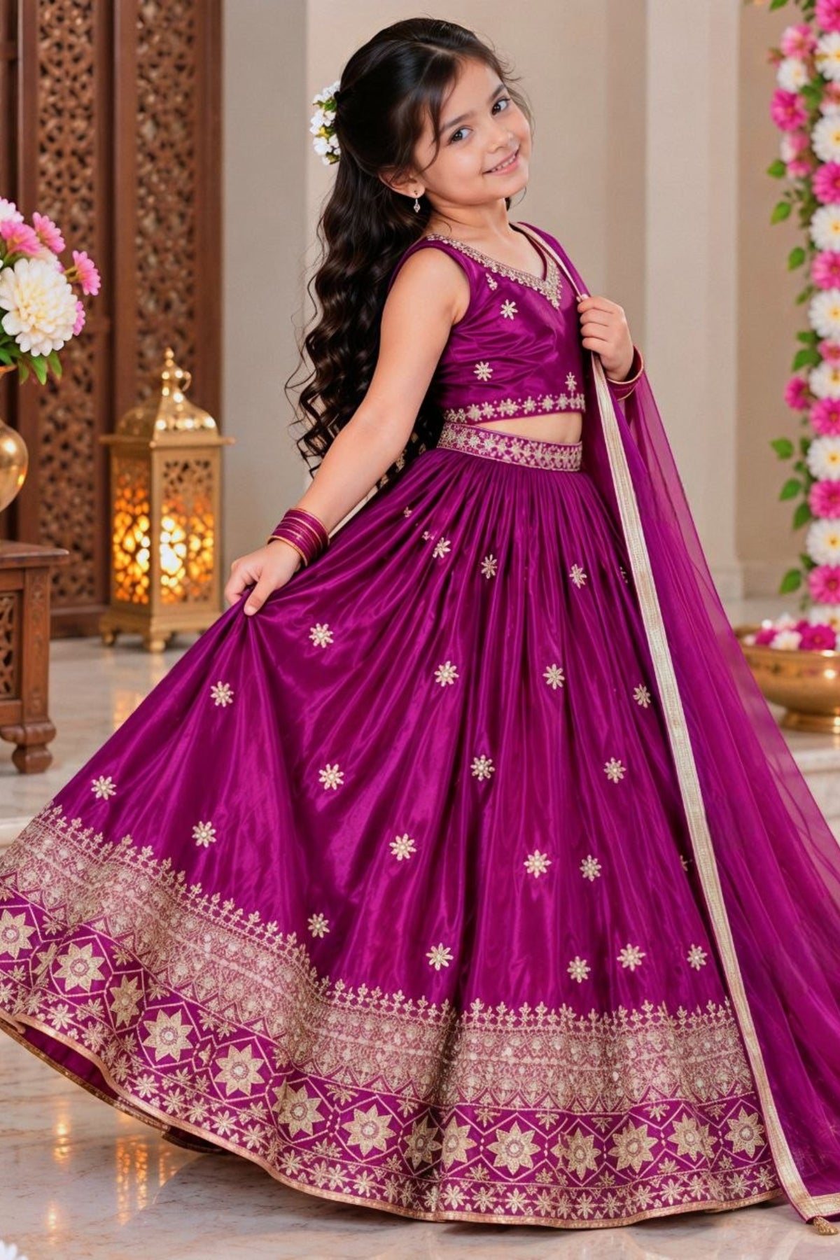 Charming Rani Pink Chinon Silk Embroidered Lehenga Choli with Dupatta for Girls