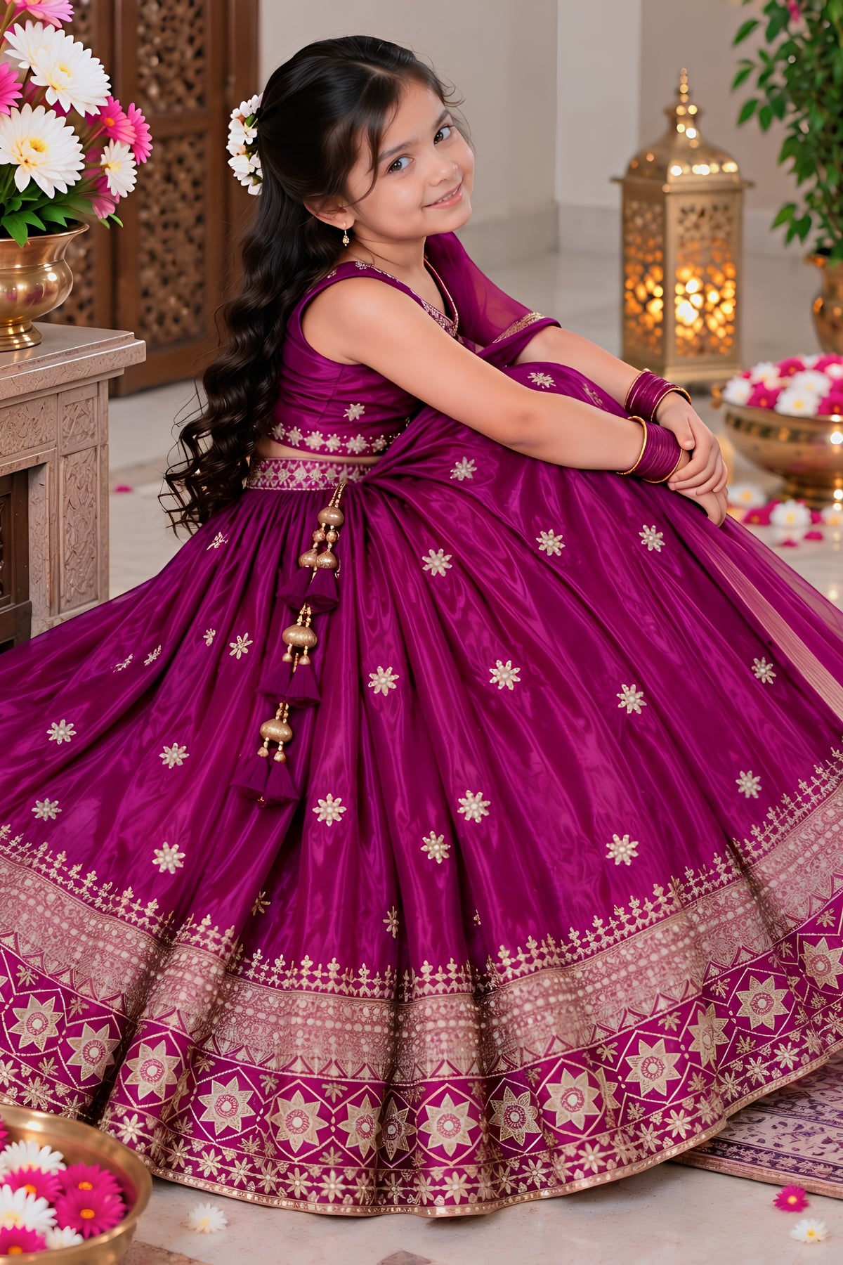 Charming Rani Pink Chinon Silk Embroidered Lehenga Choli with Dupatta for Girls