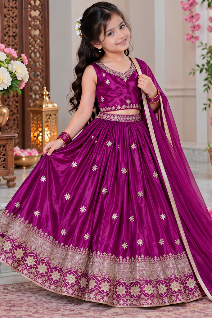 Charming Rani Pink Chinon Silk Embroidered Lehenga Choli with Dupatta for Girls