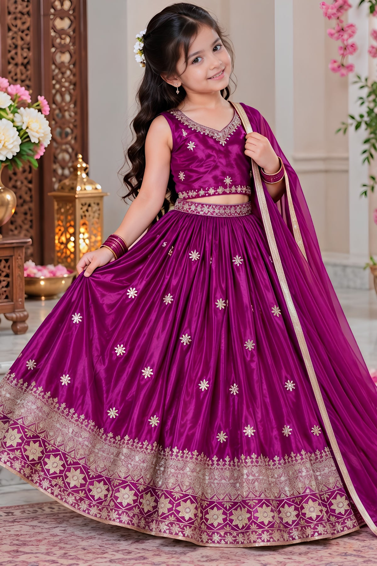 Charming Rani Pink Chinon Silk Embroidered Lehenga Choli with Dupatta for Girls