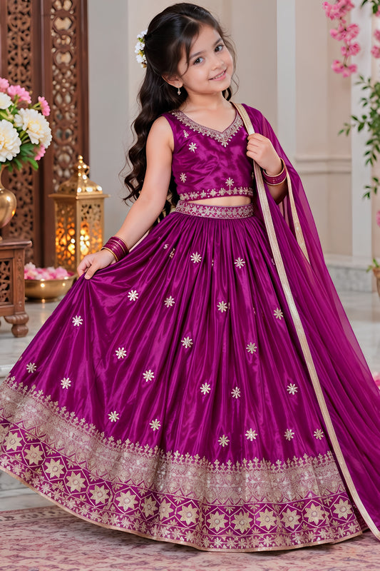 Charming Rani Pink Chinon Silk Embroidered Lehenga Choli with Dupatta for Girls