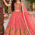 Vibrant Peach Pink Chinon Silk Floral Embroidered Lehenga Choli with Dupatta for Girls