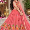 Vibrant Peach Pink Chinon Silk Floral Embroidered Lehenga Choli with Dupatta for Girls
