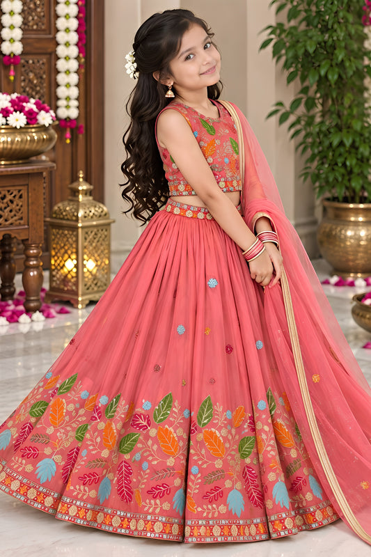 Vibrant Peach Pink Chinon Silk Floral Embroidered Lehenga Choli with Dupatta for Girls