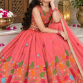 Vibrant Peach Pink Chinon Silk Floral Embroidered Lehenga Choli with Dupatta for Girls