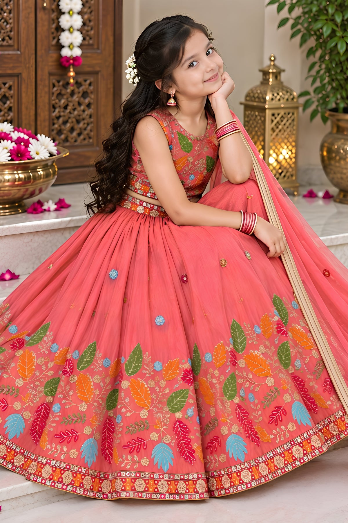 Vibrant Peach Pink Chinon Silk Floral Embroidered Lehenga Choli with Dupatta for Girls