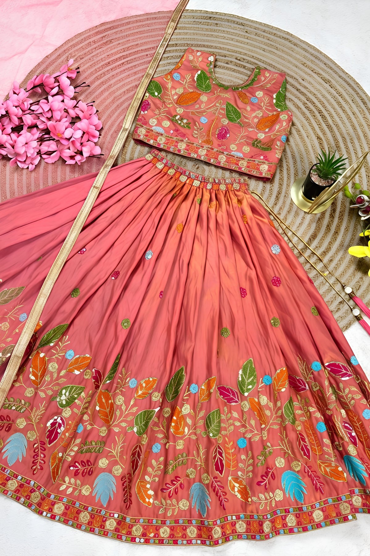 Vibrant Peach Pink Chinon Silk Floral Embroidered Lehenga Choli with Dupatta for Girls