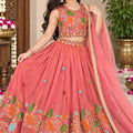 Vibrant Peach Pink Chinon Silk Floral Embroidered Lehenga Choli with Dupatta for Girls
