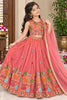Vibrant Peach Pink Chinon Silk Floral Embroidered Lehenga Choli with Dupatta for Girls