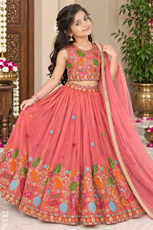 Vibrant Peach Pink Chinon Silk Floral Embroidered Lehenga Choli with Dupatta for Girls