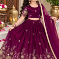 Elegant Wine Fendy Silk Floral Embroidered Lehenga Choli with Dupatta for Girls