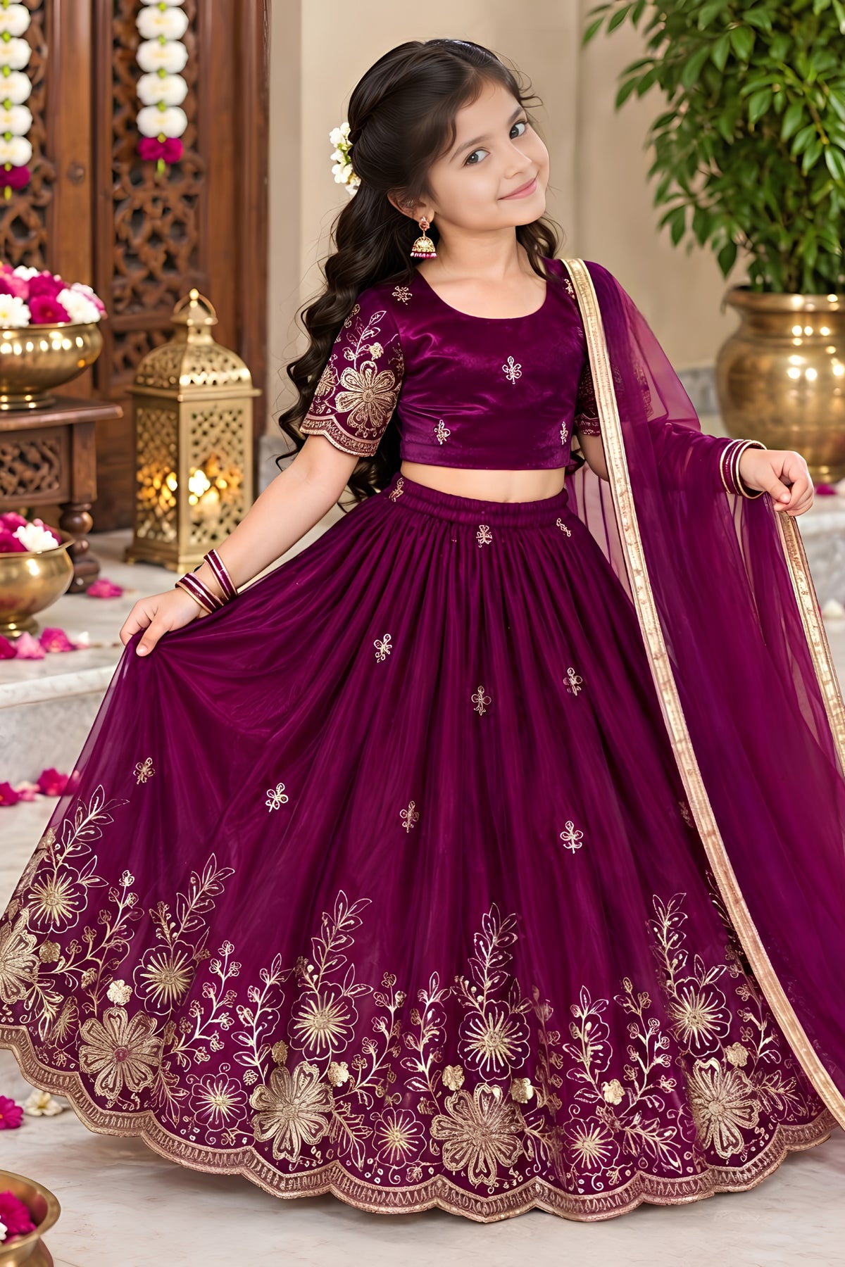Elegant Wine Fendy Silk Floral Embroidered Lehenga Choli with Dupatta for Girls