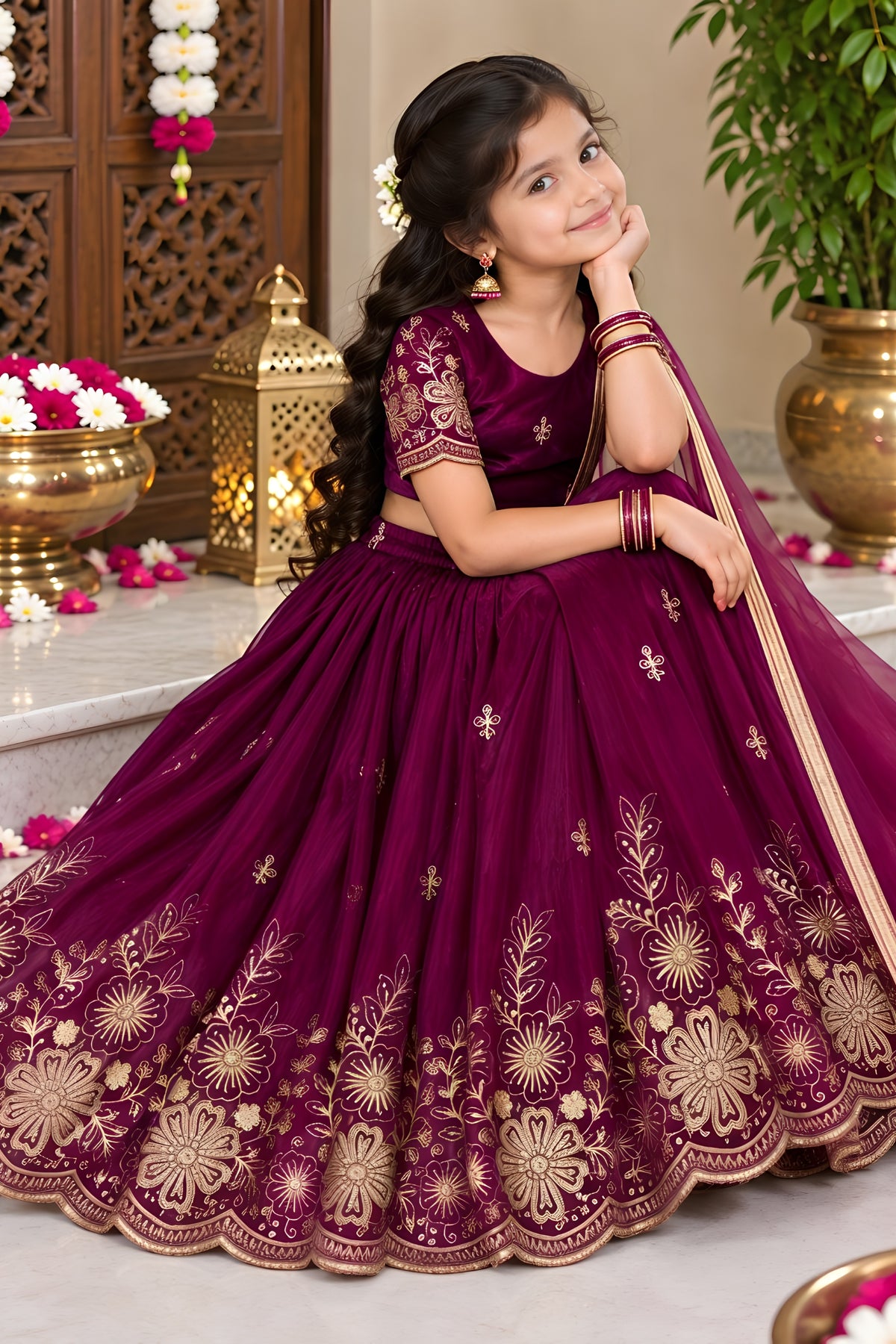 Elegant Wine Fendy Silk Floral Embroidered Lehenga Choli with Dupatta for Girls