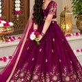 Elegant Wine Fendy Silk Floral Embroidered Lehenga Choli with Dupatta for Girls