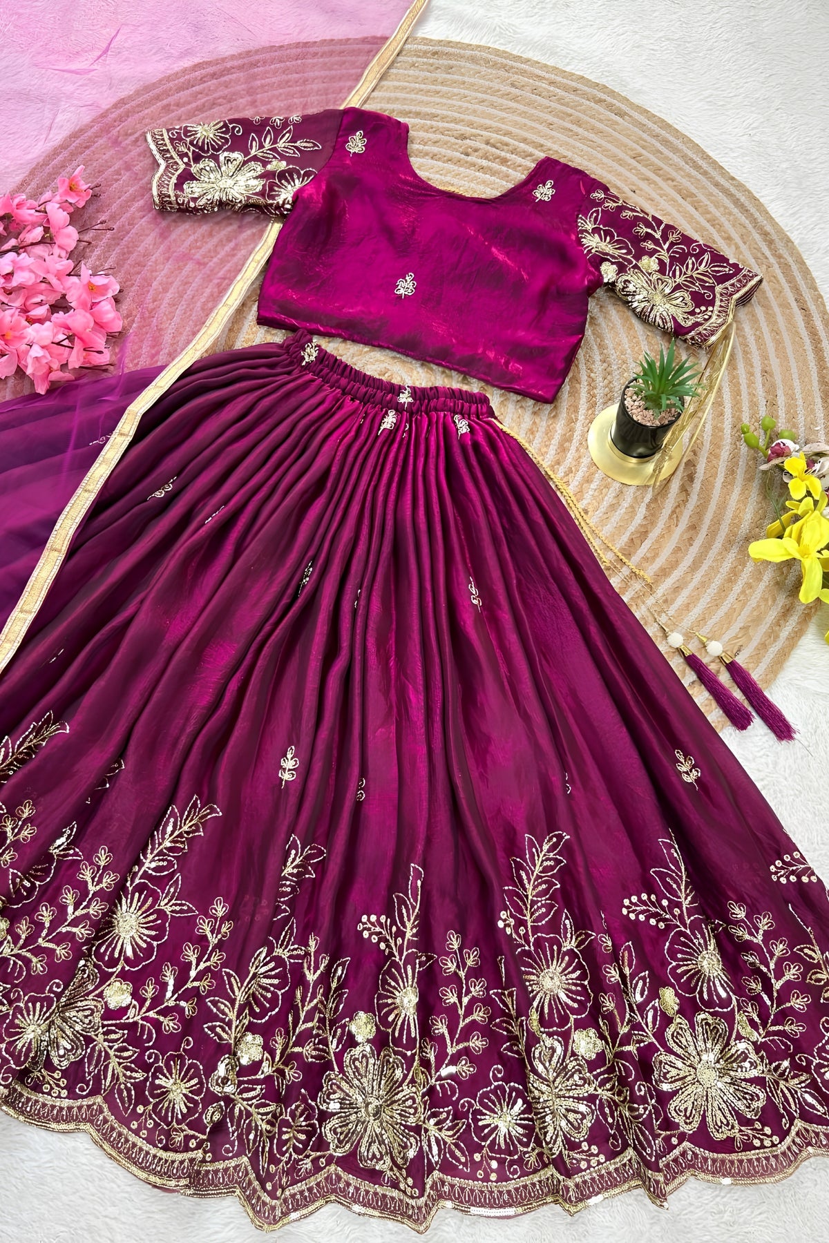 Elegant Wine Fendy Silk Floral Embroidered Lehenga Choli with Dupatta for Girls
