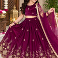 Elegant Wine Fendy Silk Floral Embroidered Lehenga Choli with Dupatta for Girls