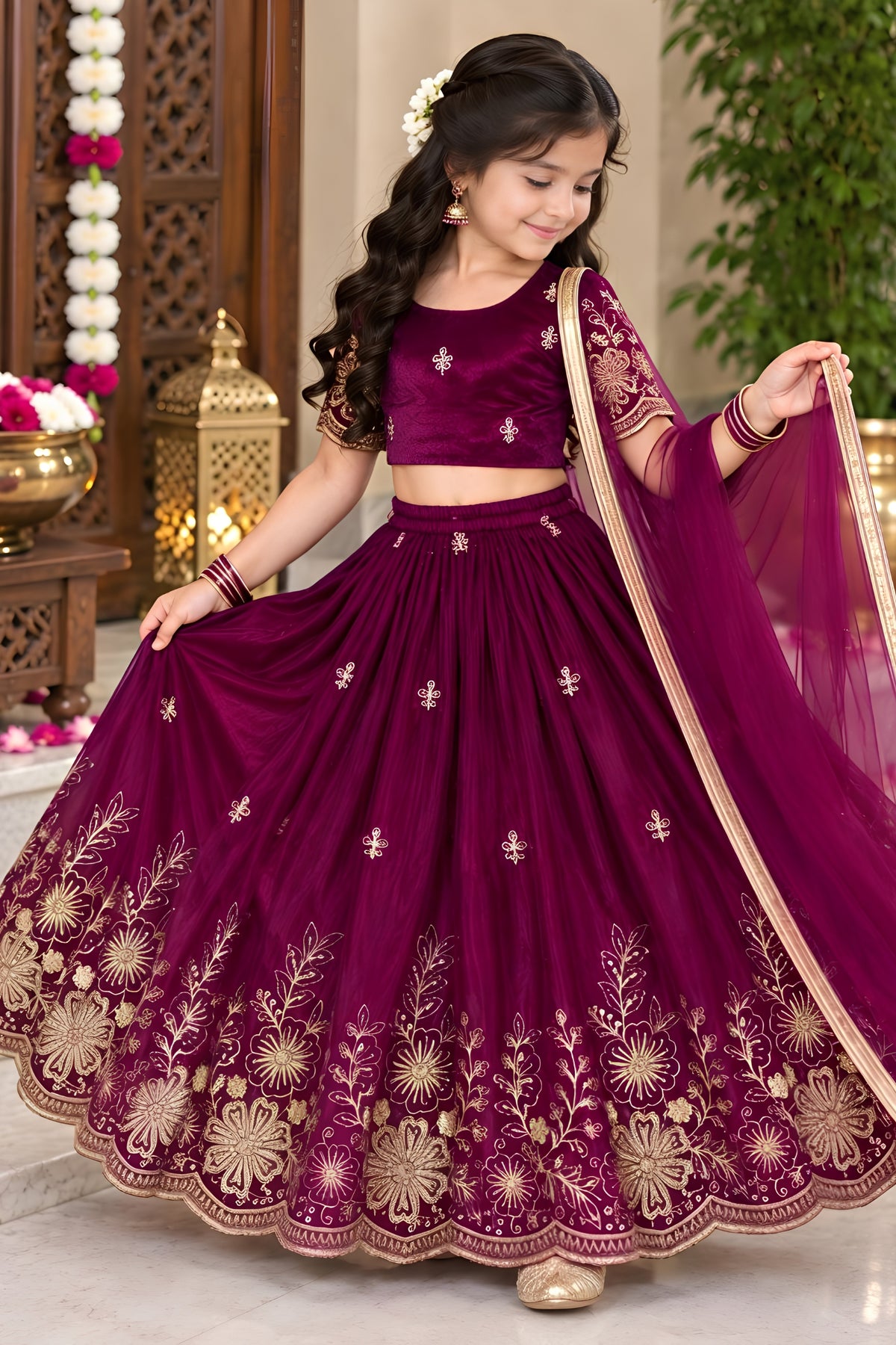 Elegant Wine Fendy Silk Floral Embroidered Lehenga Choli with Dupatta for Girls