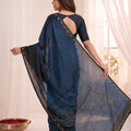 Elegant Navy Blue Soft Fendy Satin Silk Digital Floral Print Saree with Aari Handwork for Women