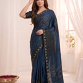 Elegant Navy Blue Soft Fendy Satin Silk Digital Floral Print Saree with Aari Handwork for Women