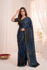 Elegant Navy Blue Soft Fendy Satin Silk Digital Floral Print Saree with Aari Handwork for Women