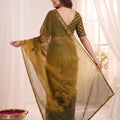 Premium Mustard Yellow Soft Fendy Satin Silk Digital Floral Print Saree with Aari Handwork for Women