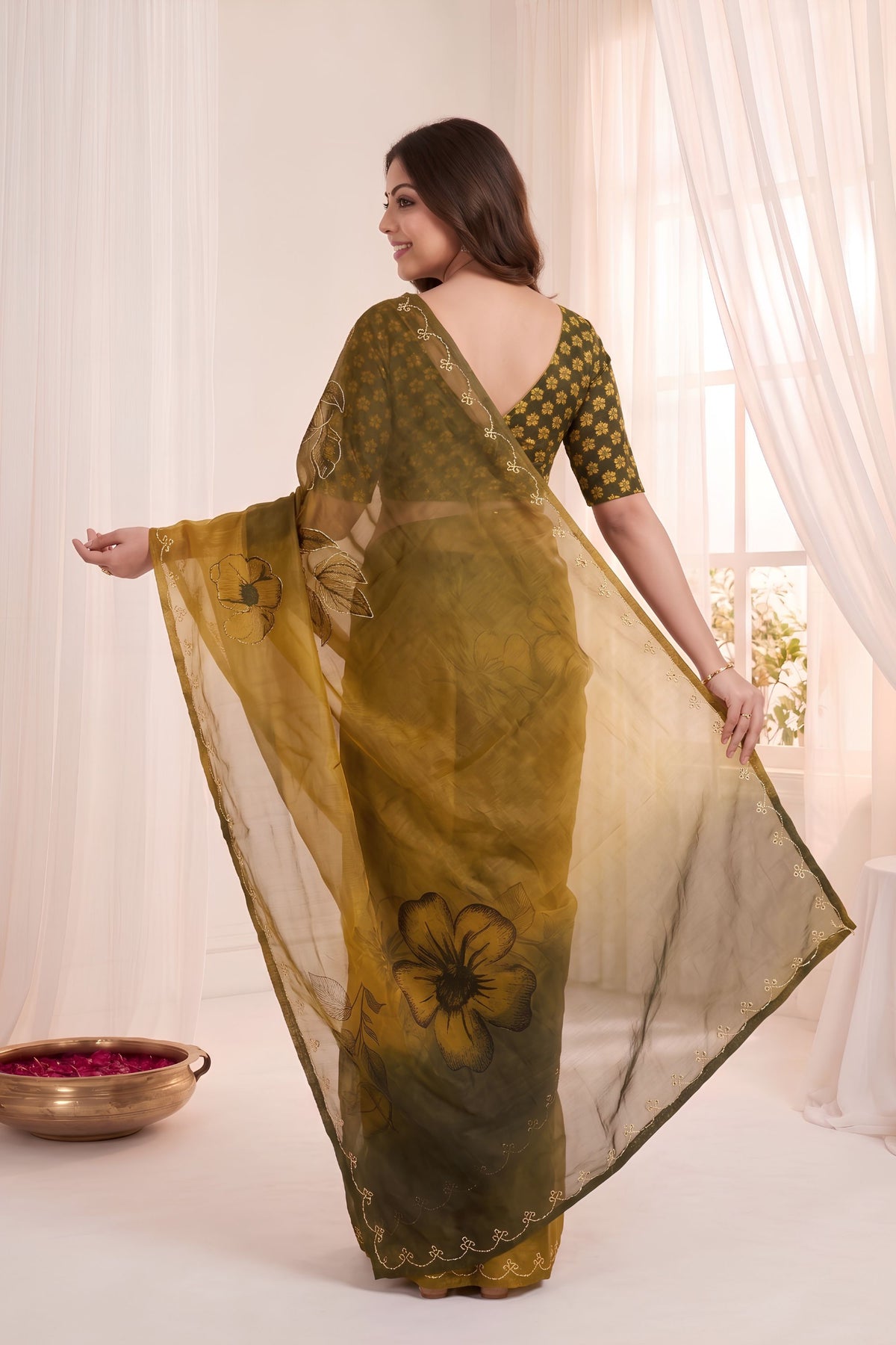 Premium Mustard Yellow Soft Fendy Satin Silk Digital Floral Print Saree with Aari Handwork for Women