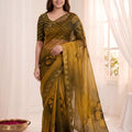 Premium Mustard Yellow Soft Fendy Satin Silk Digital Floral Print Saree with Aari Handwork for Women