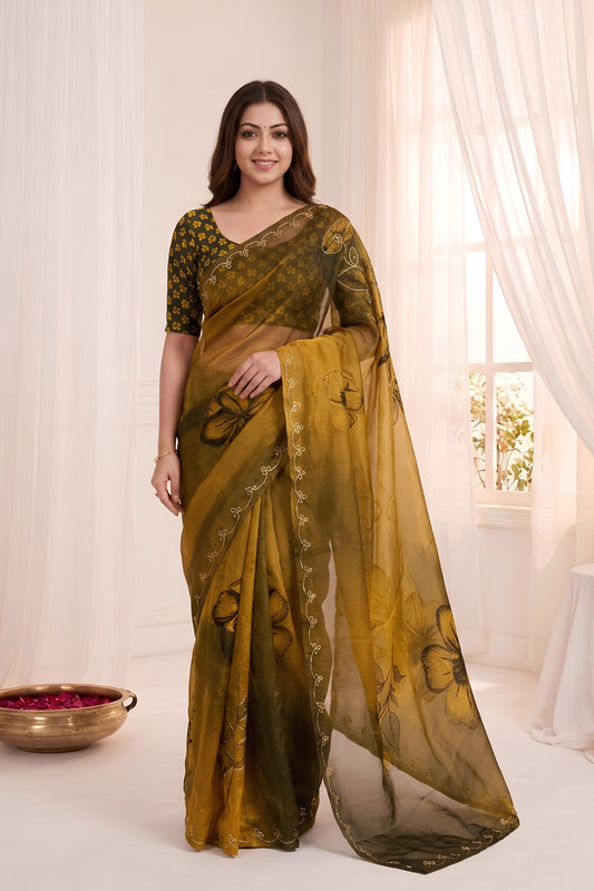Premium Mustard Yellow Soft Fendy Satin Silk Digital Floral Print Saree with Aari Handwork for Women