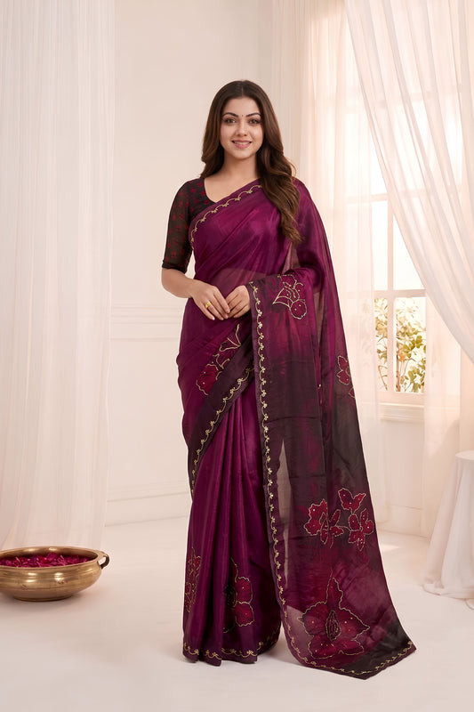 Lovely Wine Soft Fendy Satin Silk Digital Floral Print Saree with Aari Handwork for Women